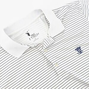 F&G Tech Mens XL Golf Polo Shirt White Navy Blue Striped Short Sleeve Stretch